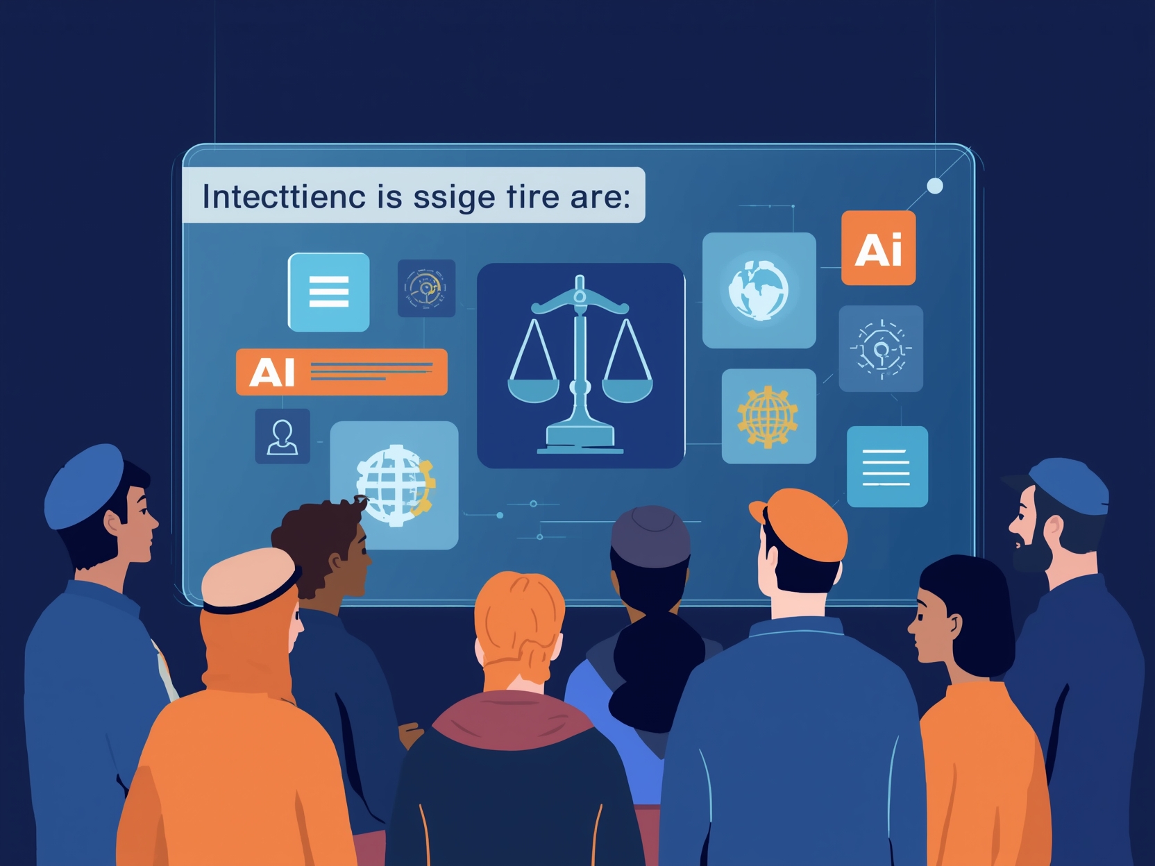 رسوم توضيحية لطلاب ومعلمين عرب يتناقشون حول مفاهيم الذكاء الاصطناعي الأخلاقية.